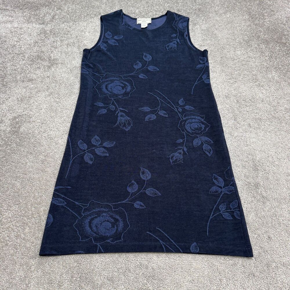 Vintage Karin Stevens Petites Floral Knit Shift Dress Womens 12P Blue Stretch